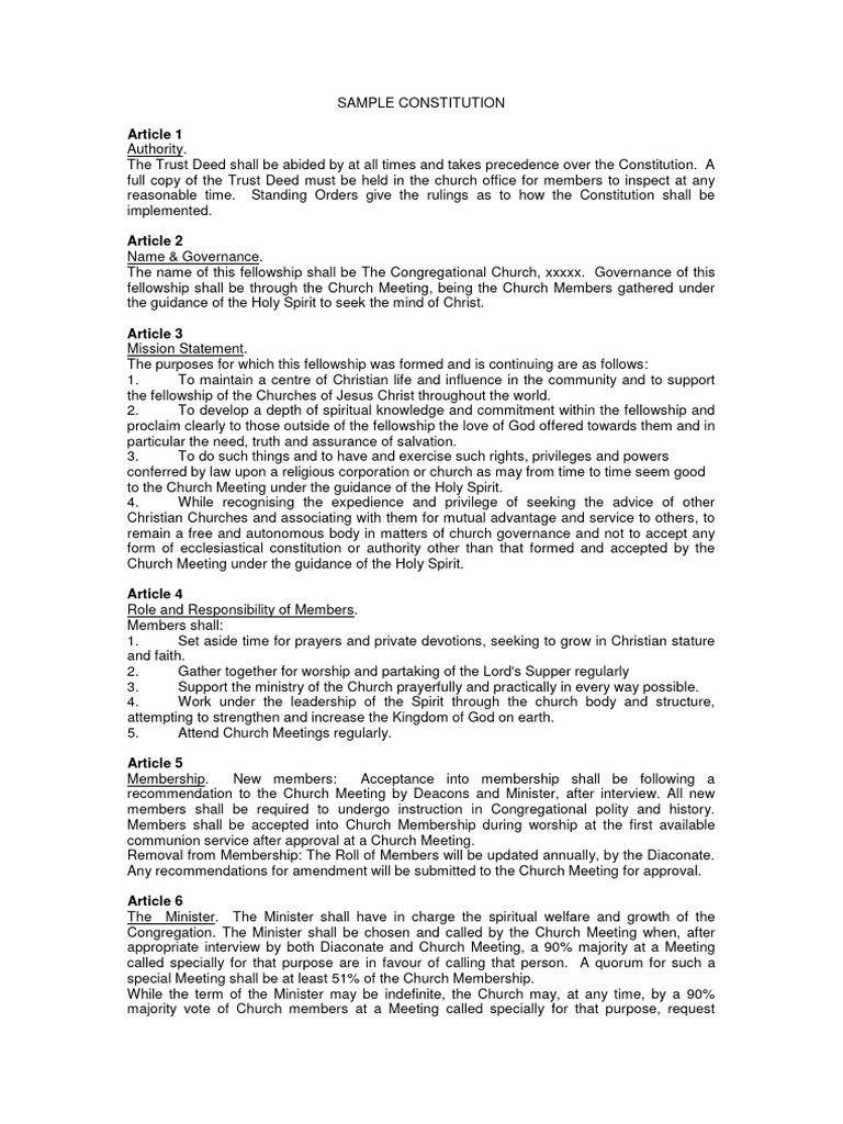 Church Constitution Sample PDF Deacon Eucharist