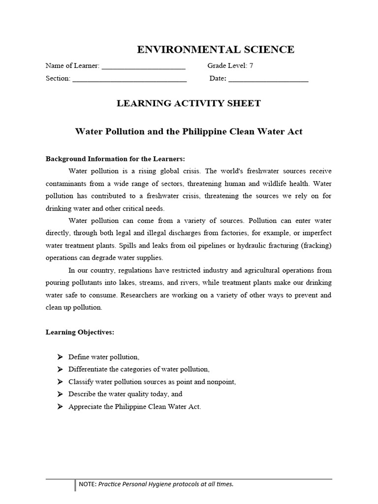 Q3 las 2 water pollution and the philippine water act pdf water