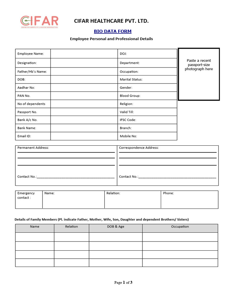 8-Bio Data - Employee Personal Detail Form | PDF | Employment