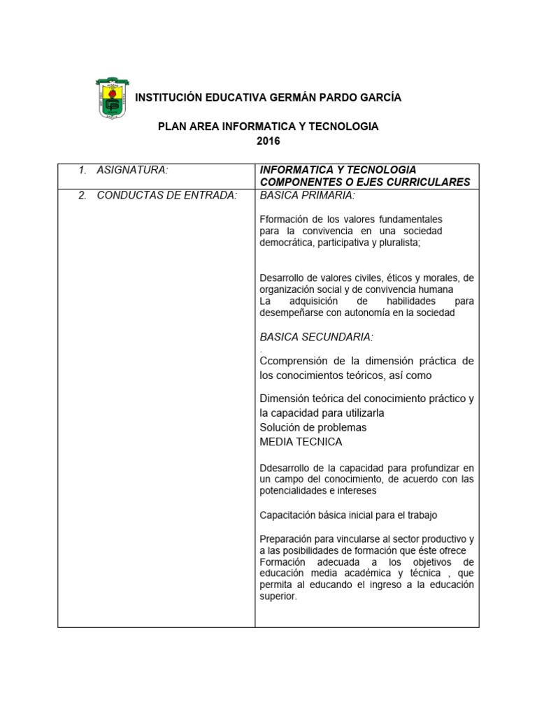 Plan de Area 2016 Tecnologia e Informatica en Formato | PDF ...
