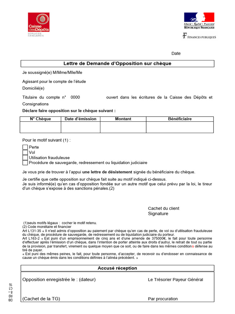 Cheque Impaye Suite Opposition Pour Perte