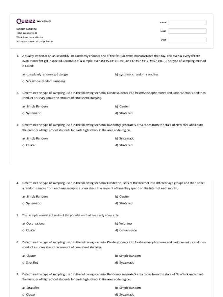 Random Sampling Quizizz PDF Sampling (Statistics) Stratified Sampling