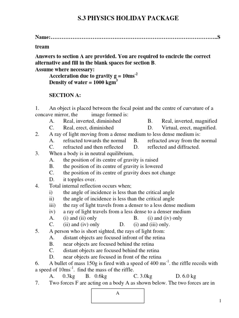 S 3 physics paper 1 holiday package pdf force optics