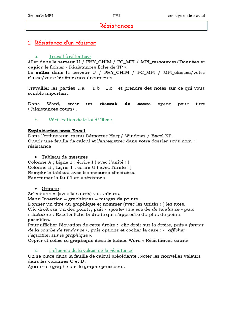 TP5 : Résistances et loi d'Ohm | PDF | Microsoft Excel | Microsoft Word