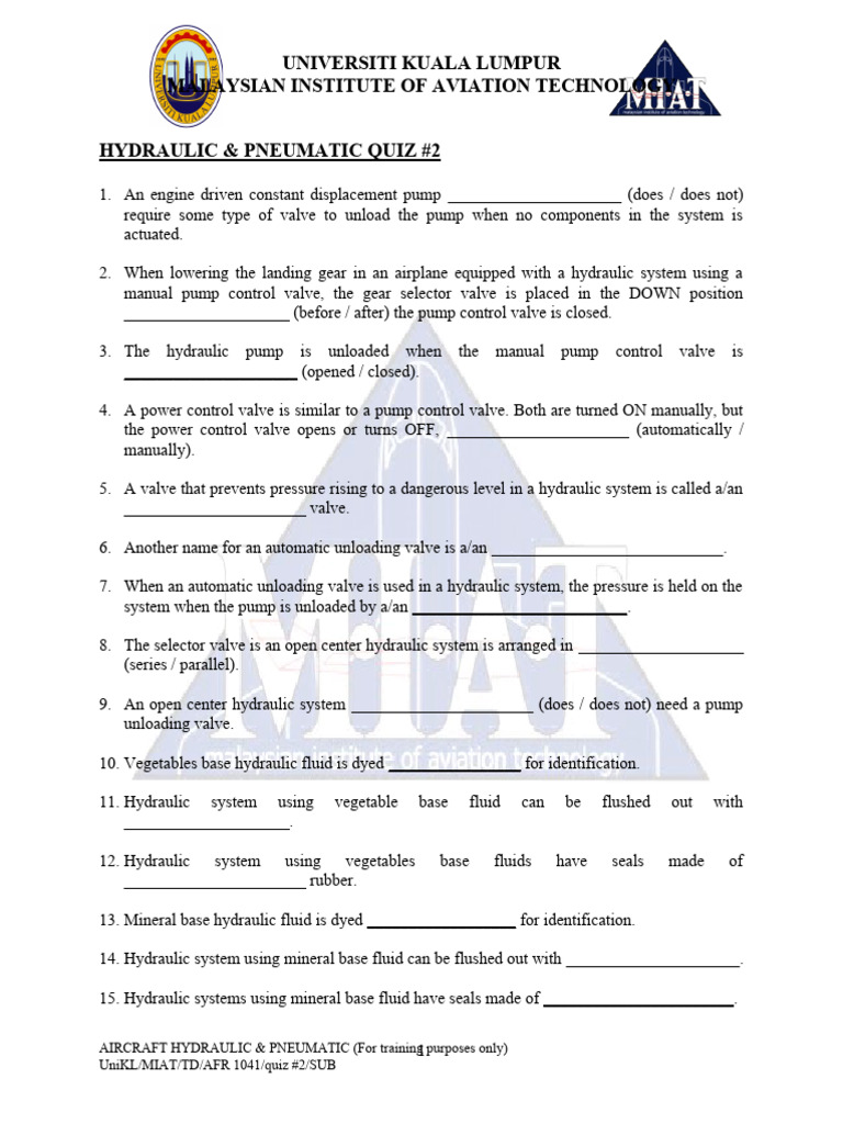 (Hydraulic Pneumatic) Quiz 2 PDF Pump Valve