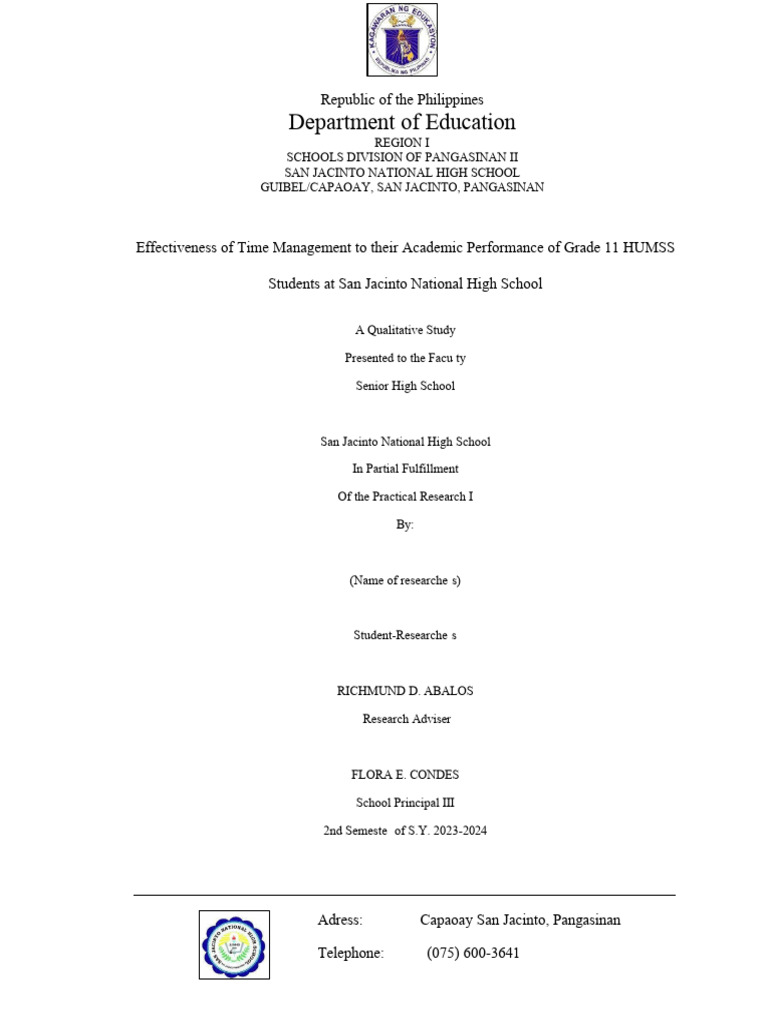 Effectiveness of Time Management To Their Academic Performance 1 | PDF ...