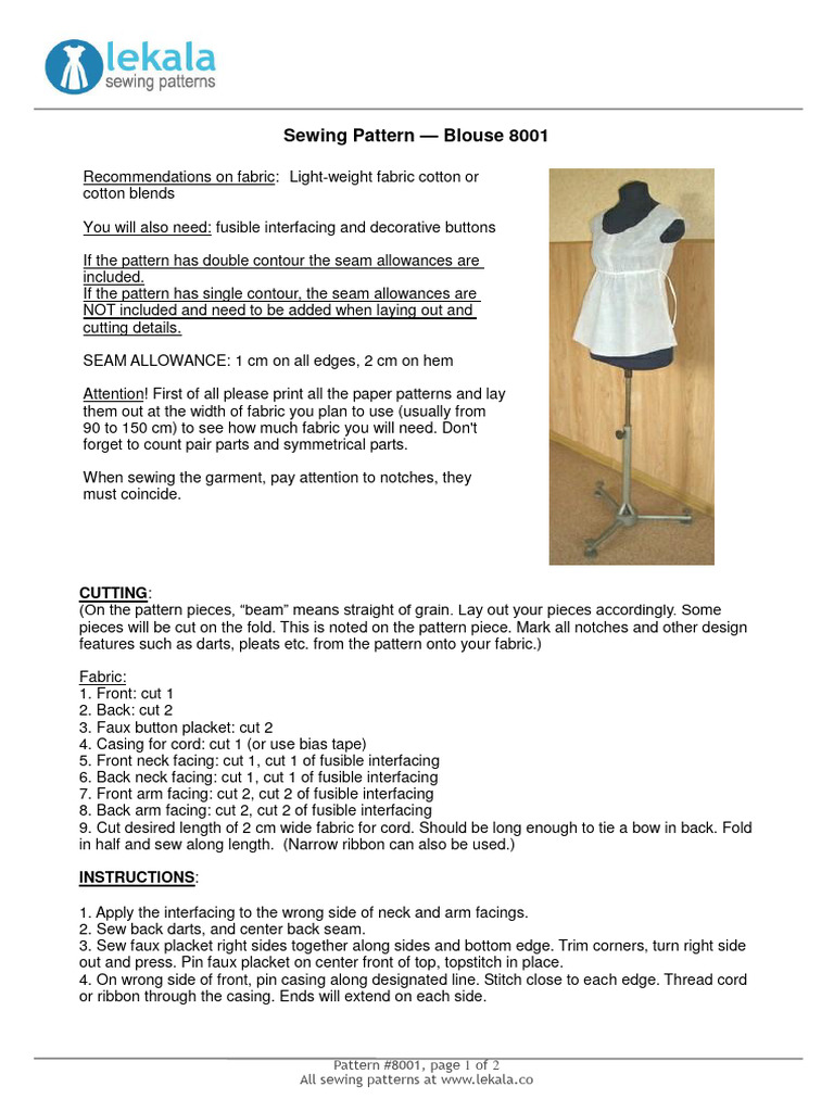 Blouse Sewing Pattern #8001 Guide | PDF | Seam (Sewing) | Sewing