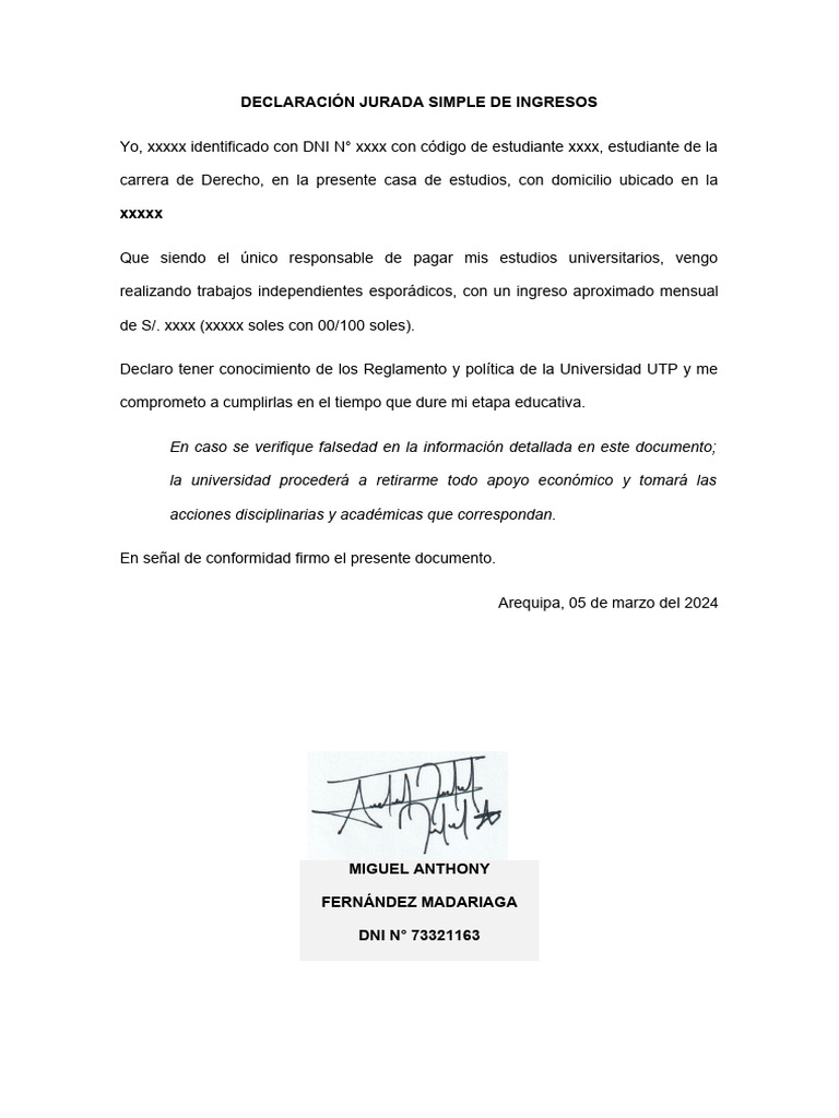 Declaración Jurada Simple de Ingresos | PDF