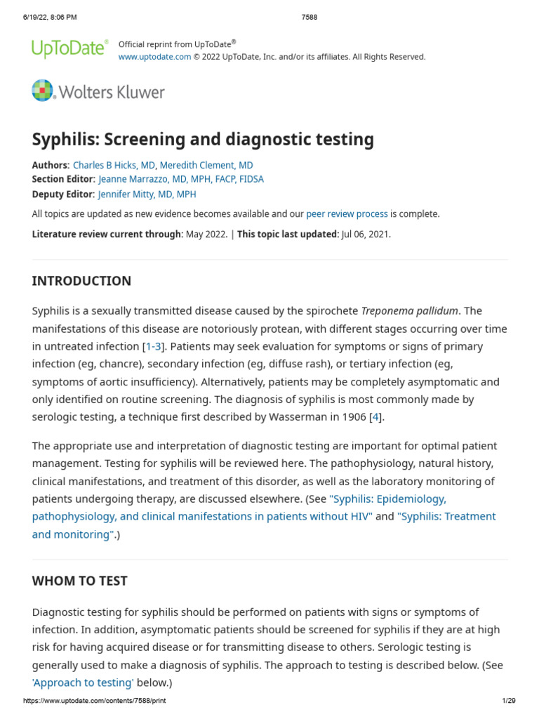 Syphilis Screening and Diagnostic Testing | PDF | Serology | Infection