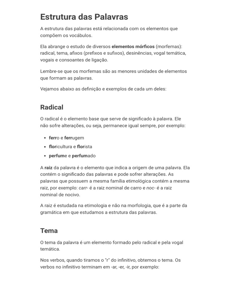 Estrutura e Exercícios de Palavras | PDF | Palavra | Vogal