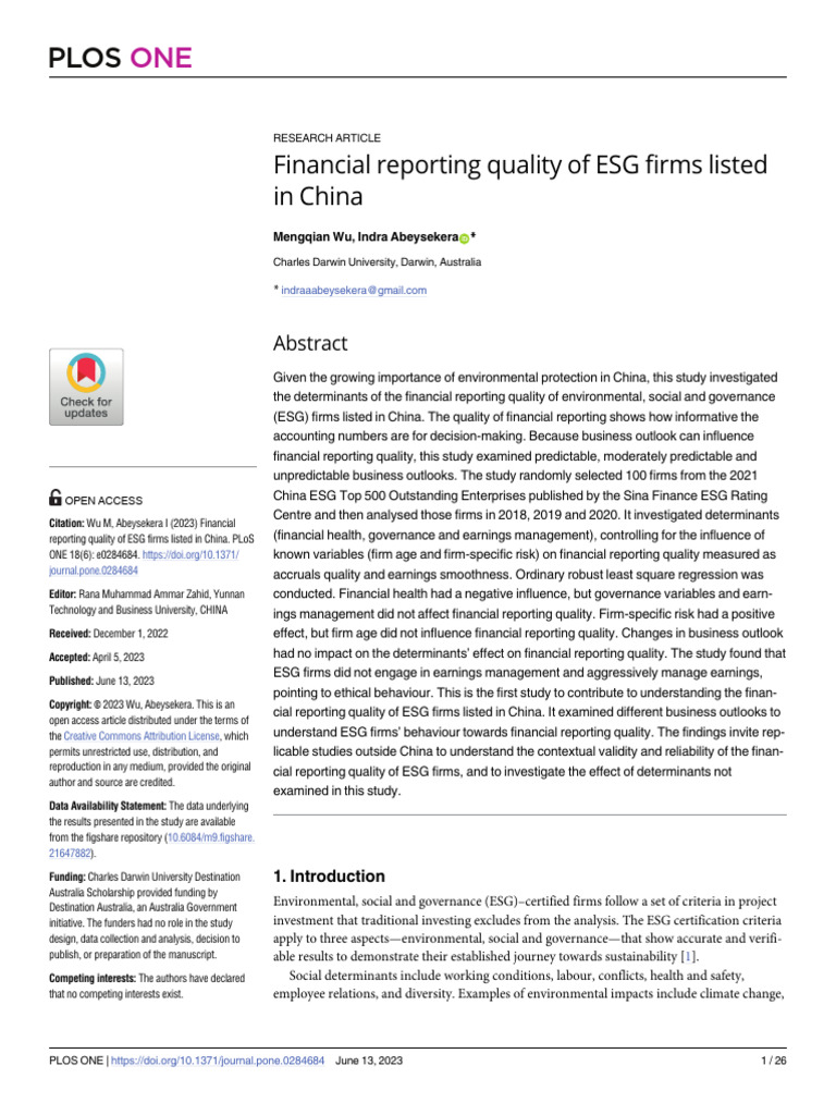 Financial Reporting Quality of ESG Firms Listed in China | PDF
