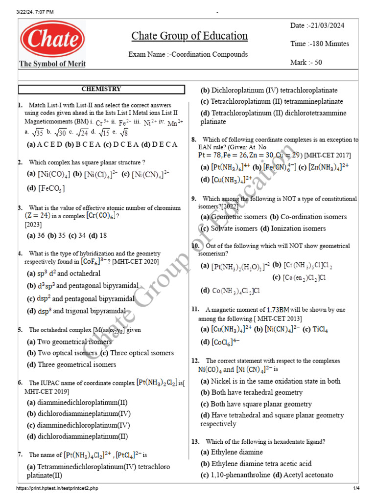 Coordination Compounds Exam Questions | PDF | Coordination Complex | Ligand