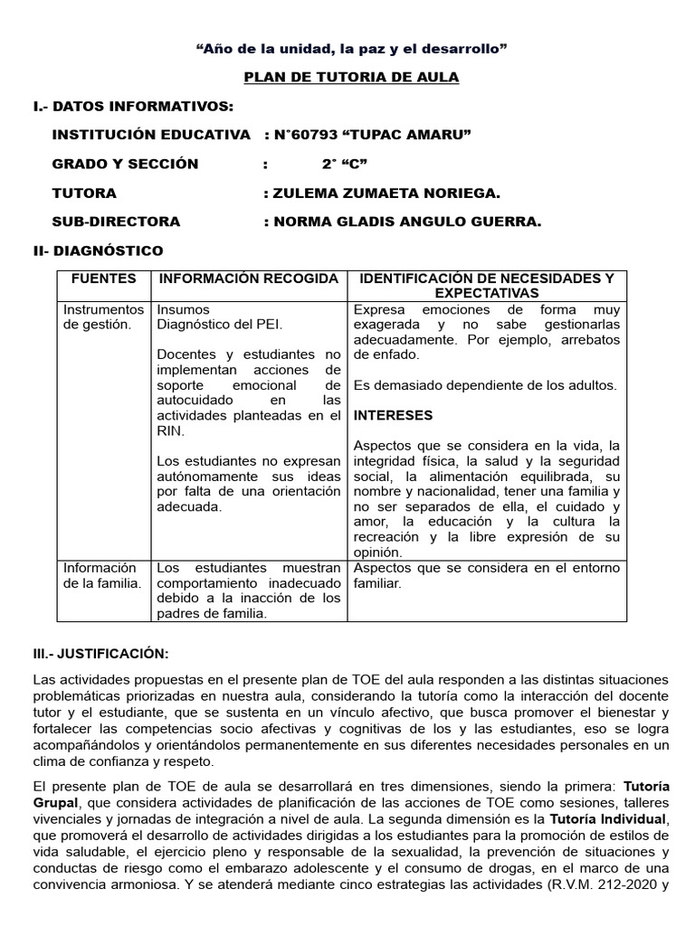 Plan de Tutoría para 2° Grado "C" | PDF | Salón de clases | Las emociones