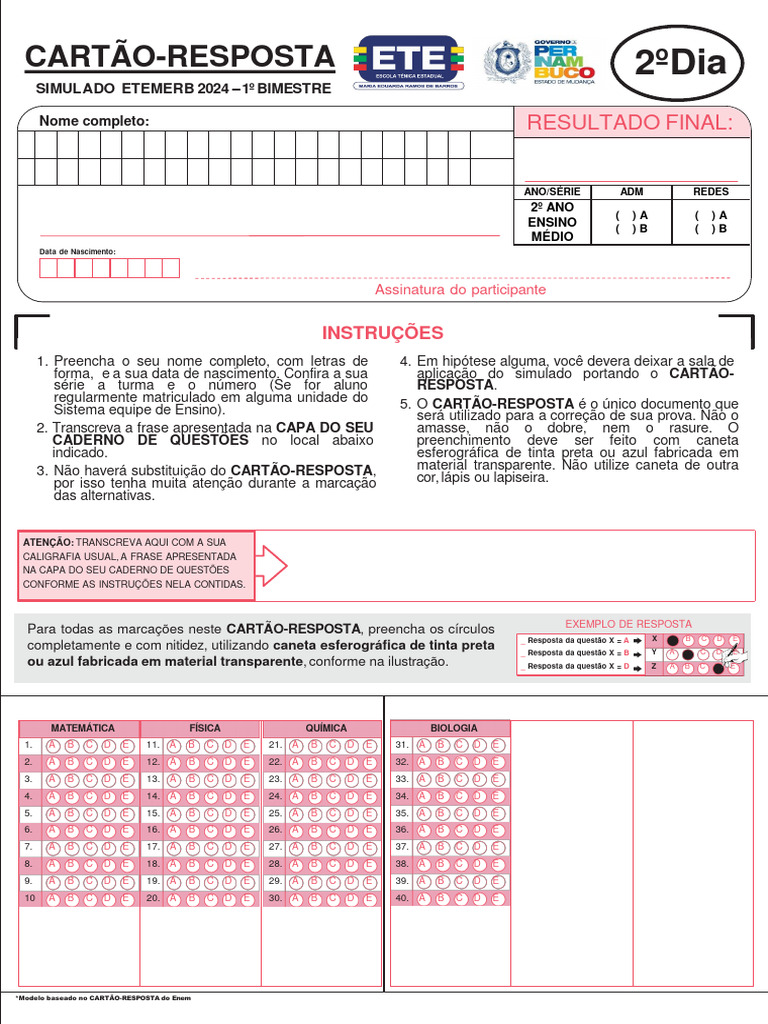 cartao-resposta- 2º ANOS - 2º DIA | PDF | Caneta