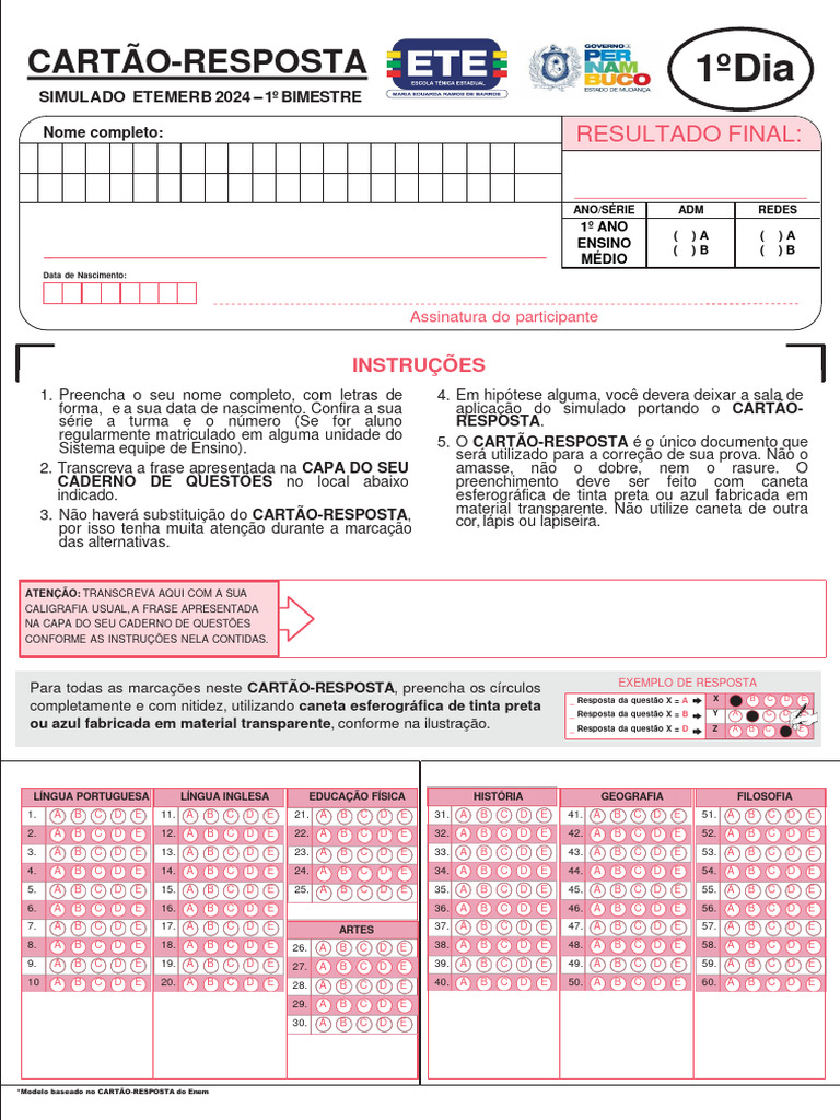 Cartão-Resposta Simulado 1º Ano Médio | PDF | Caneta
