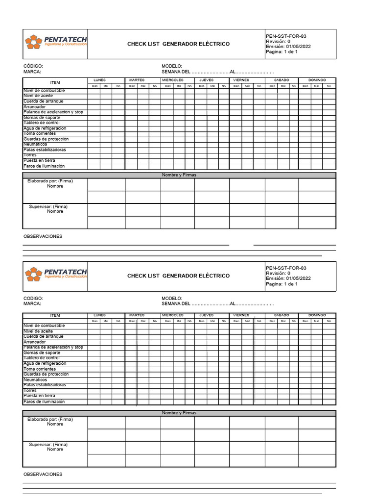 Check List Generador Electrico | Descargar gratis PDF | Vehículo de ...