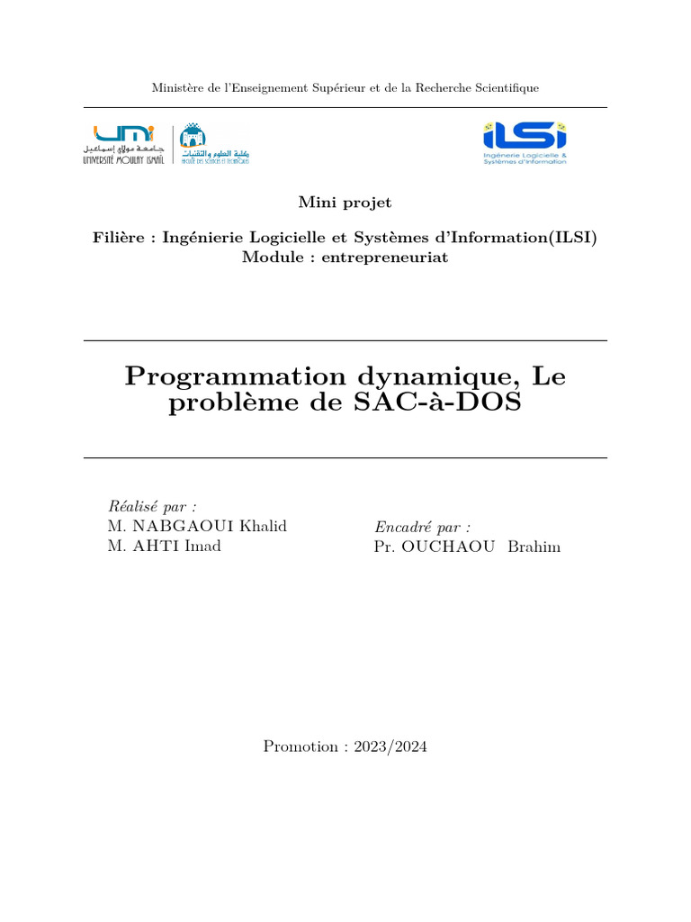 Programmation Dynamique et Sac à Dos | PDF | Programmation dynamique ...