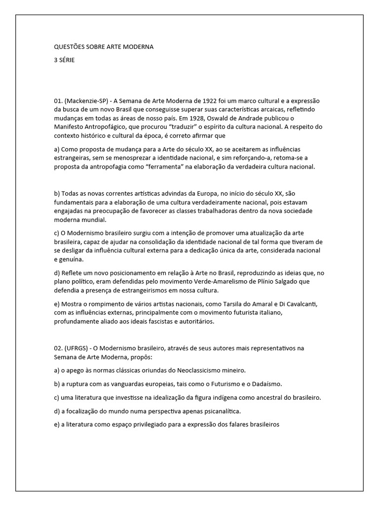 Questões sobre a Semana de Arte Moderna | PDF | Modernismo | Educação ...