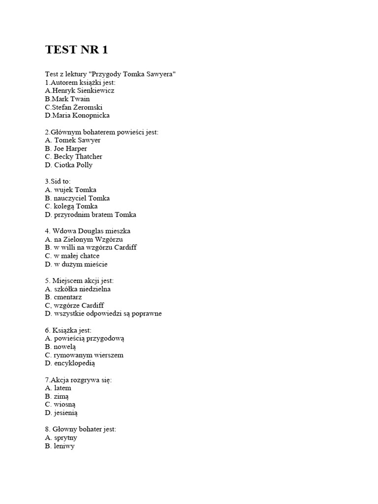 Test Z Lektury Tomek Sawyer Testy Z Odpowiedziami Z Lektury Przygody Tomka Sawyera | PDF
