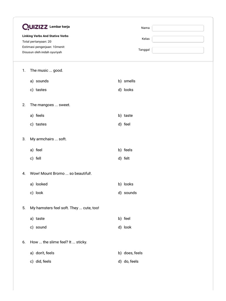 Stative and Linking Verbs Worksheet | PDF | Language Arts & Discipline