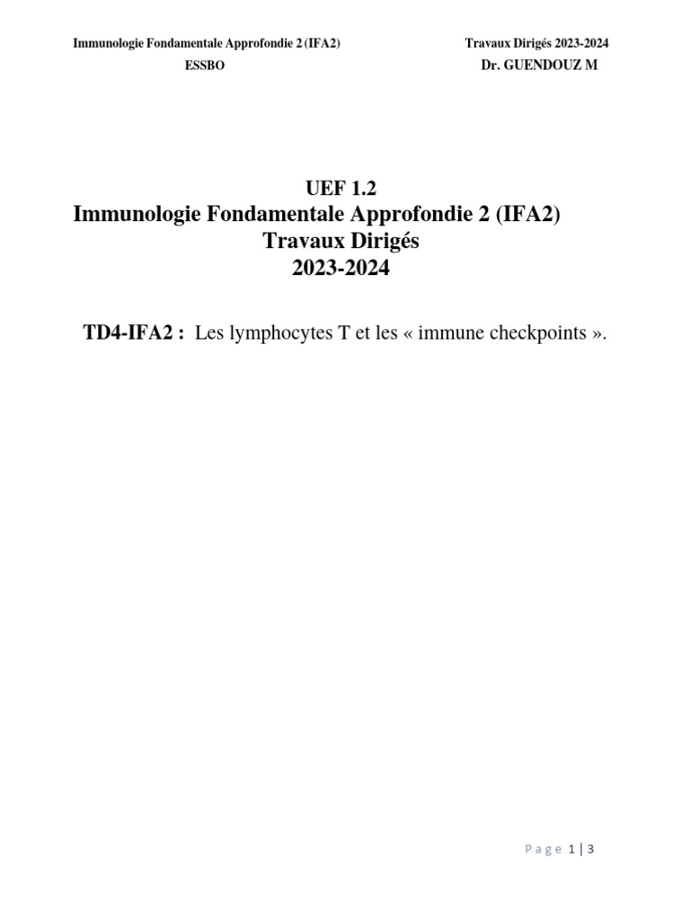 TD4 T 2023 Ifa2 | PDF | Immunologie | Lymphocyte