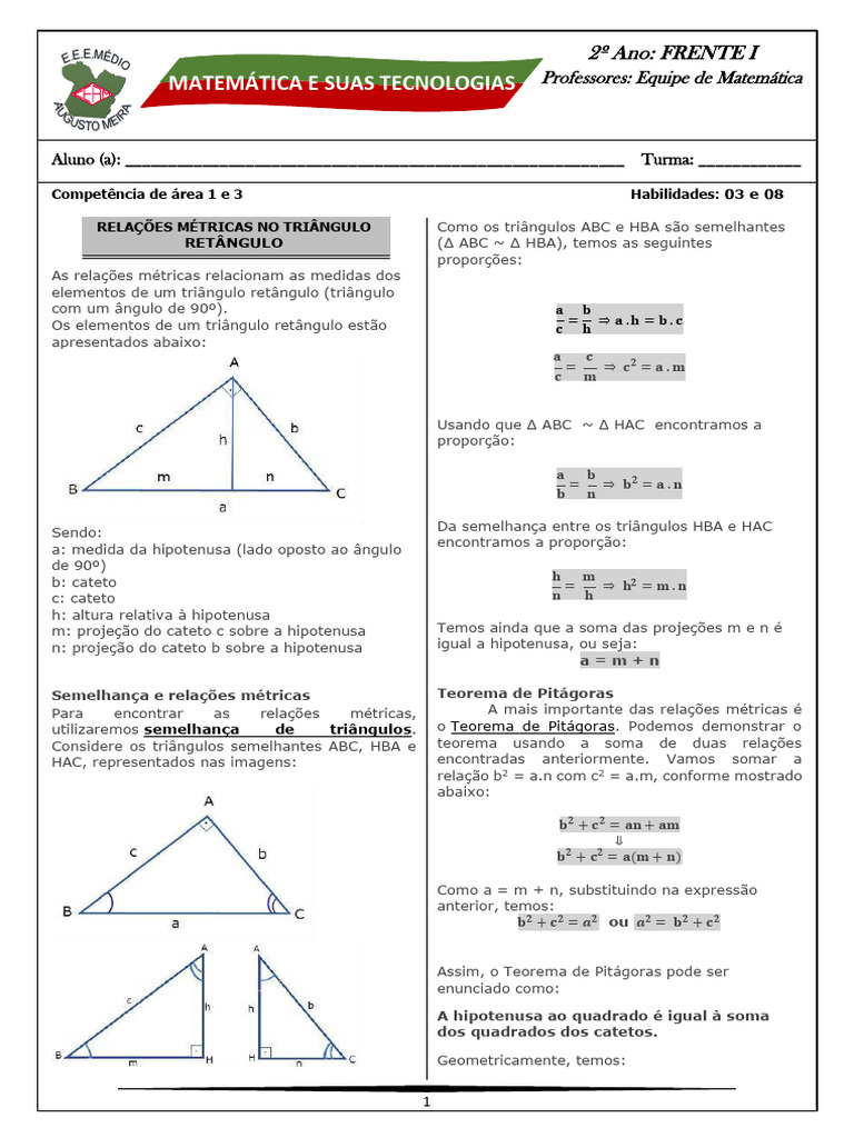 Exercícios sobre Relações Métricas em Triângulos | PDF | Triângulo ...