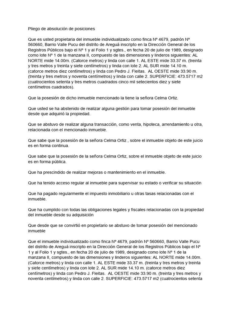 Pliego de Absolución de Posiciones - 1 | PDF | Ley de Propiedad | Ley ...