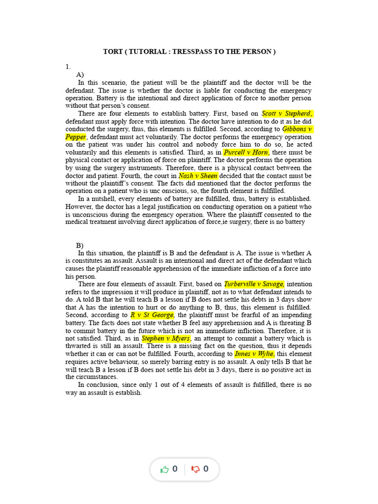 Tort Law: Trespass to the Person | PDF | Politics | Social Science