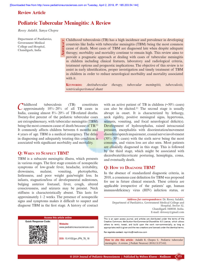 Pediatric Tubercular Meningitis Overview | PDF | Tuberculosis | Meningitis