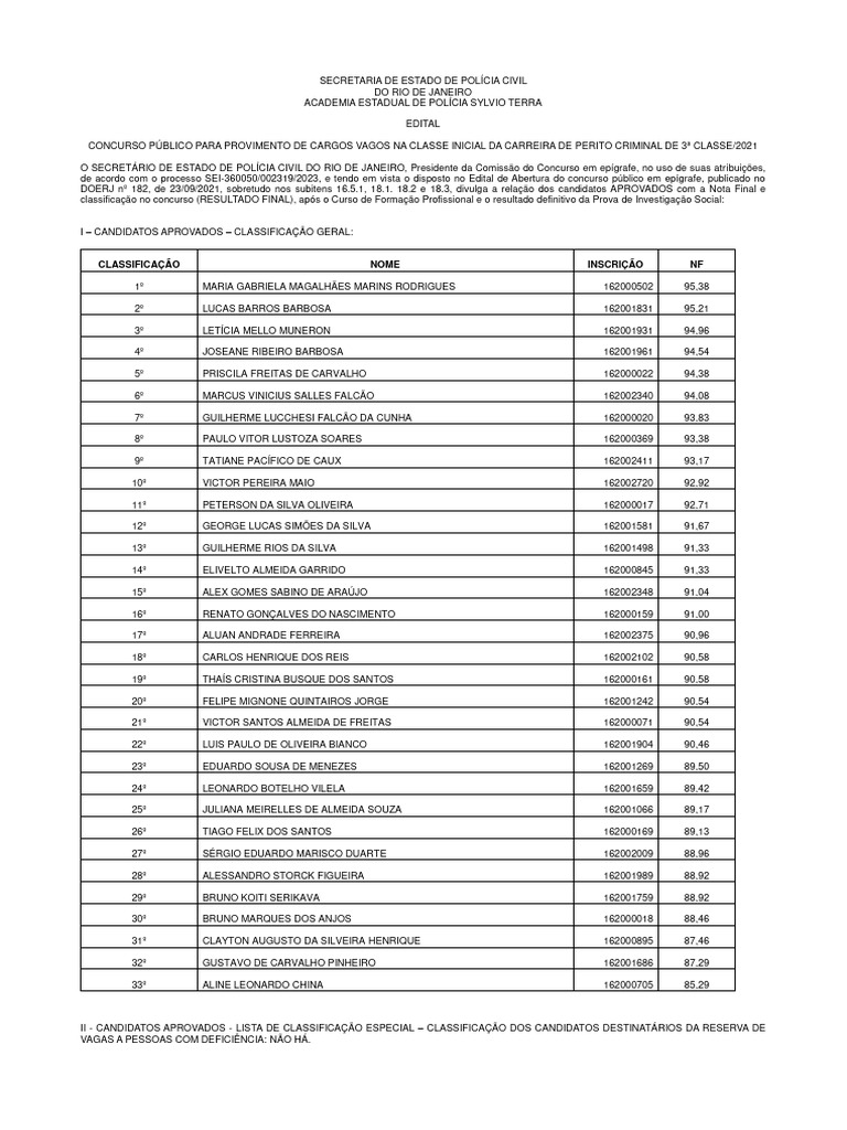 Edital Classificacao Perito Criminal Concurso PC RJ | PDF