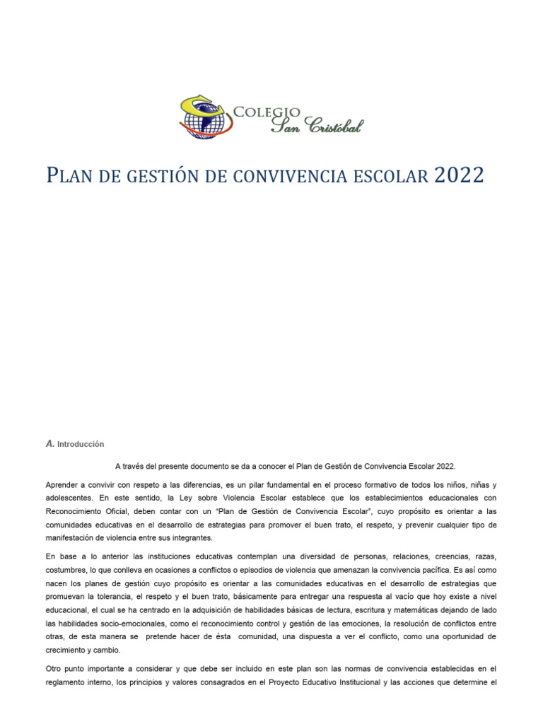 Plan de Convivencia Escolar 2022 | PDF | Crecimiento personal y profesional