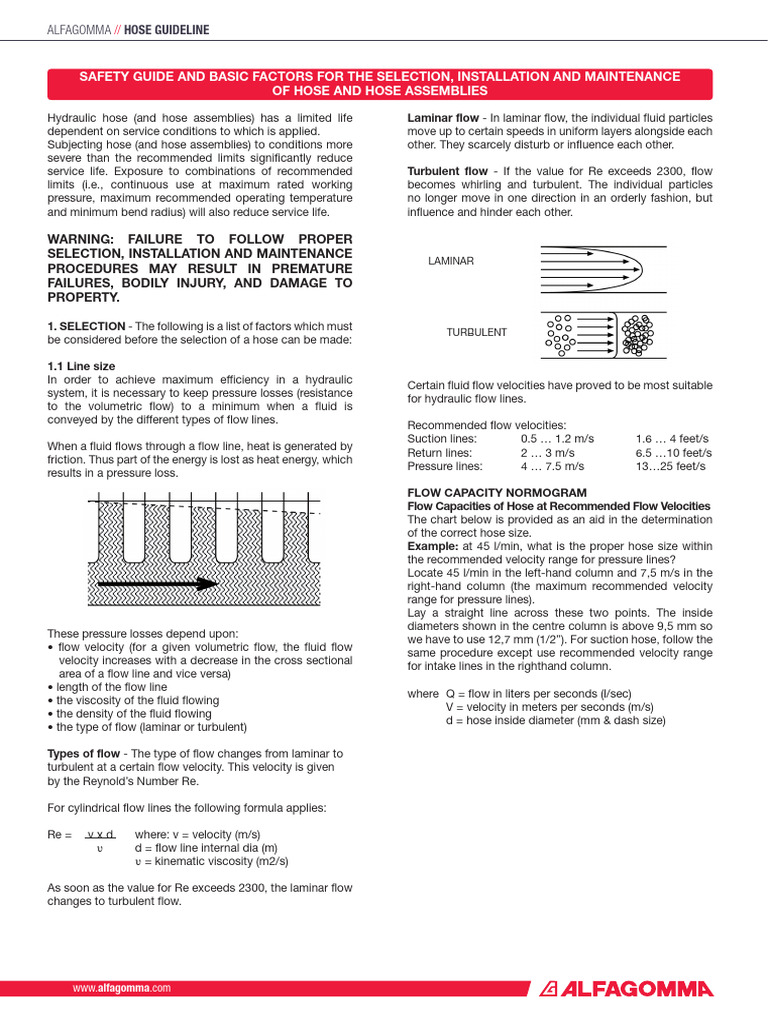Alfagomma Hydraulic Hose Guideline Pdf Laminar Flow Turbulence