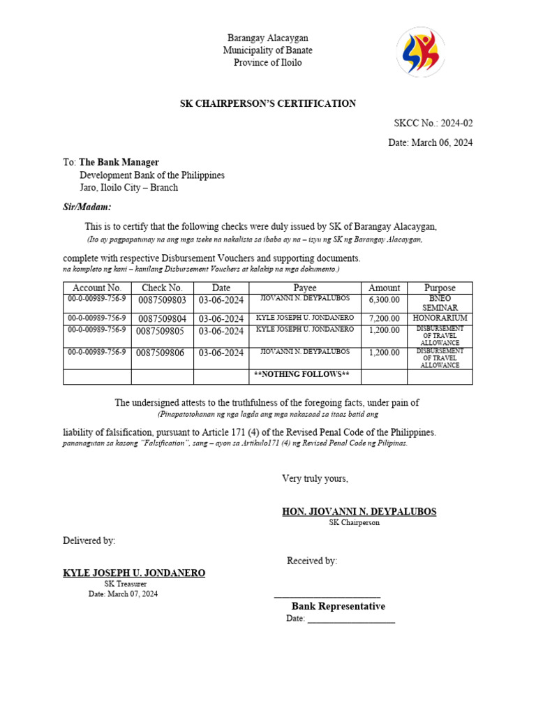 SK Certification for Barangay Alacaygan | PDF