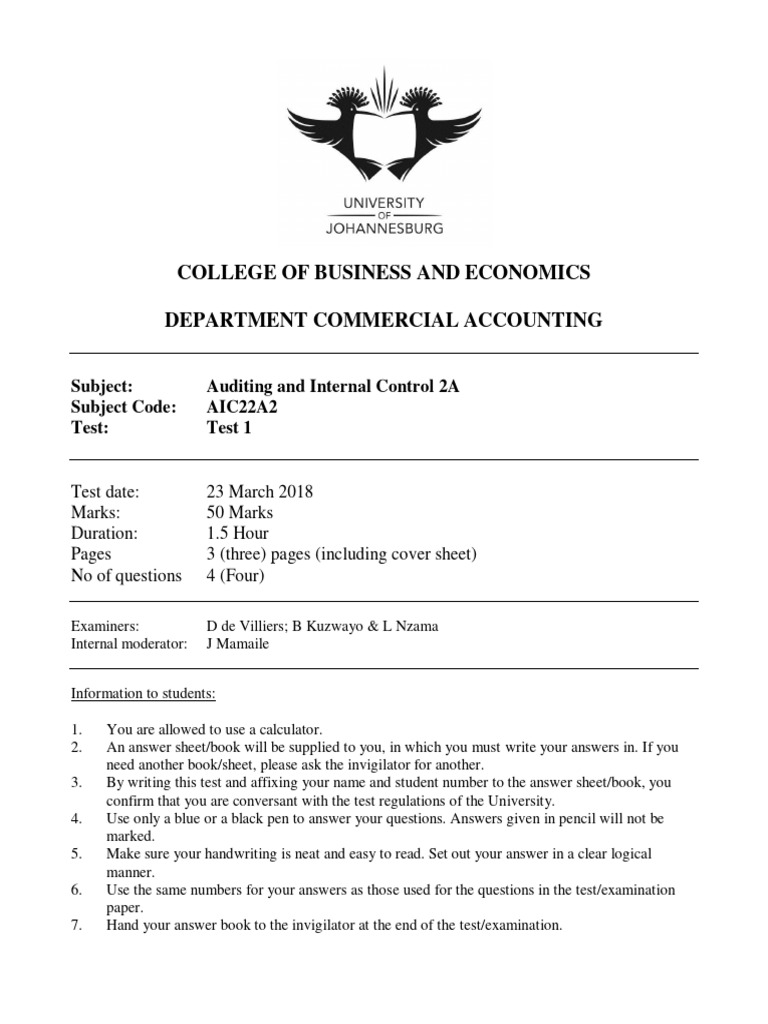 Auditing and Internal Control Test 1 2018 | PDF | Audit | Internal Audit