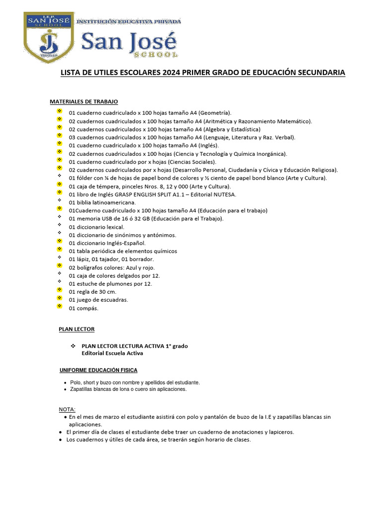 Lista de Útiles - Primer Año A y B 2024 | PDF | Estudios de idiomas ...