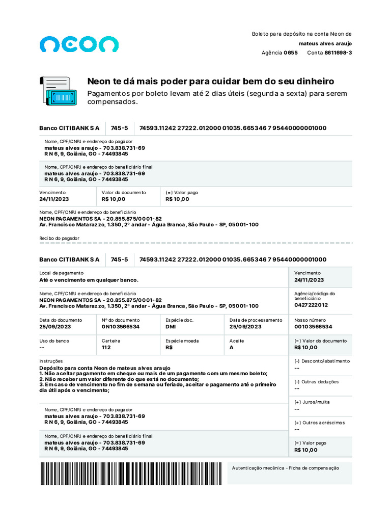 Comprovante de Pagamento Neon | PDF | Pagamentos | Tecnologia bancária