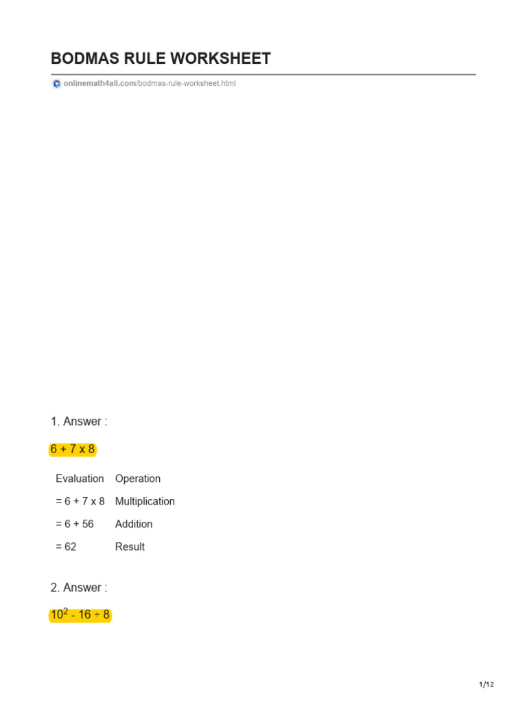 BODMAS Rule Worksheet for Class 6 | PDF | Algebra | Mathematical Objects