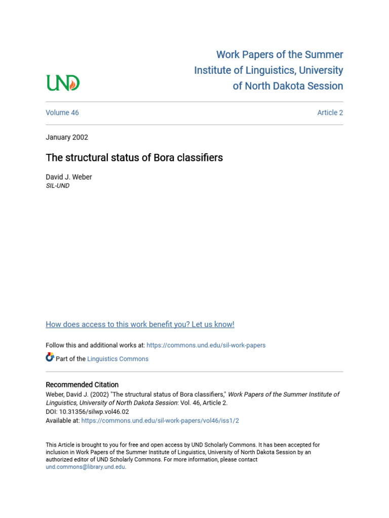 The Structural Status of Bora Classifiers | PDF | Noun | Tone (Linguistics)