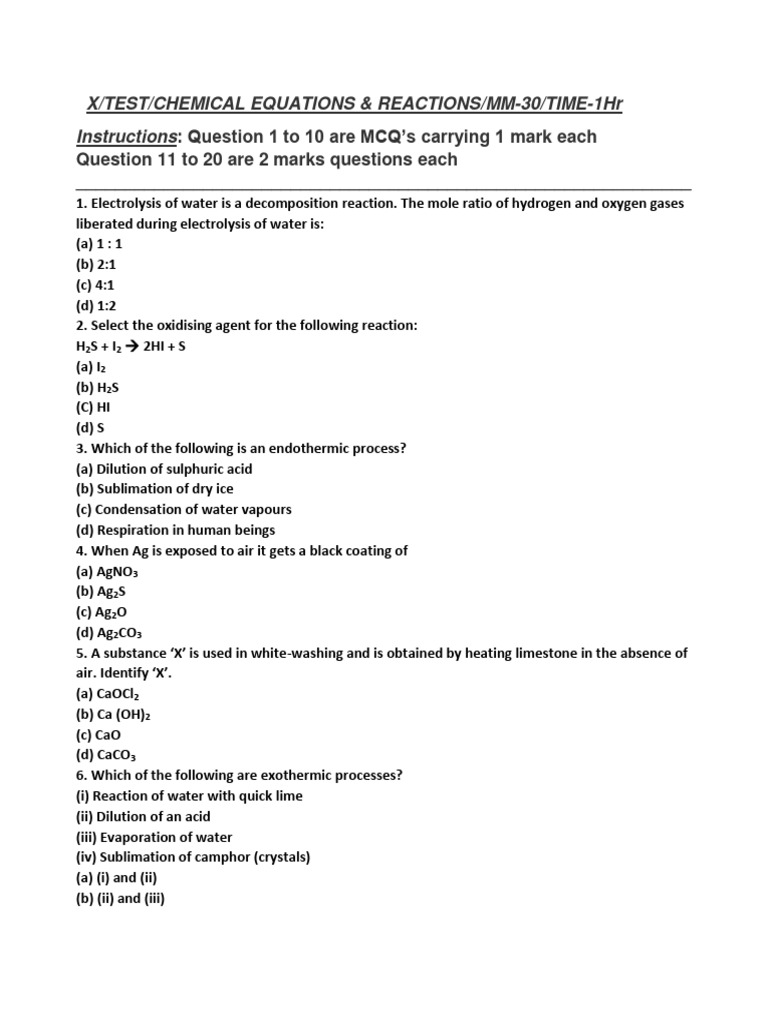 X Chemical Equation Test MM 30 Download Free PDF Chemical Reactions