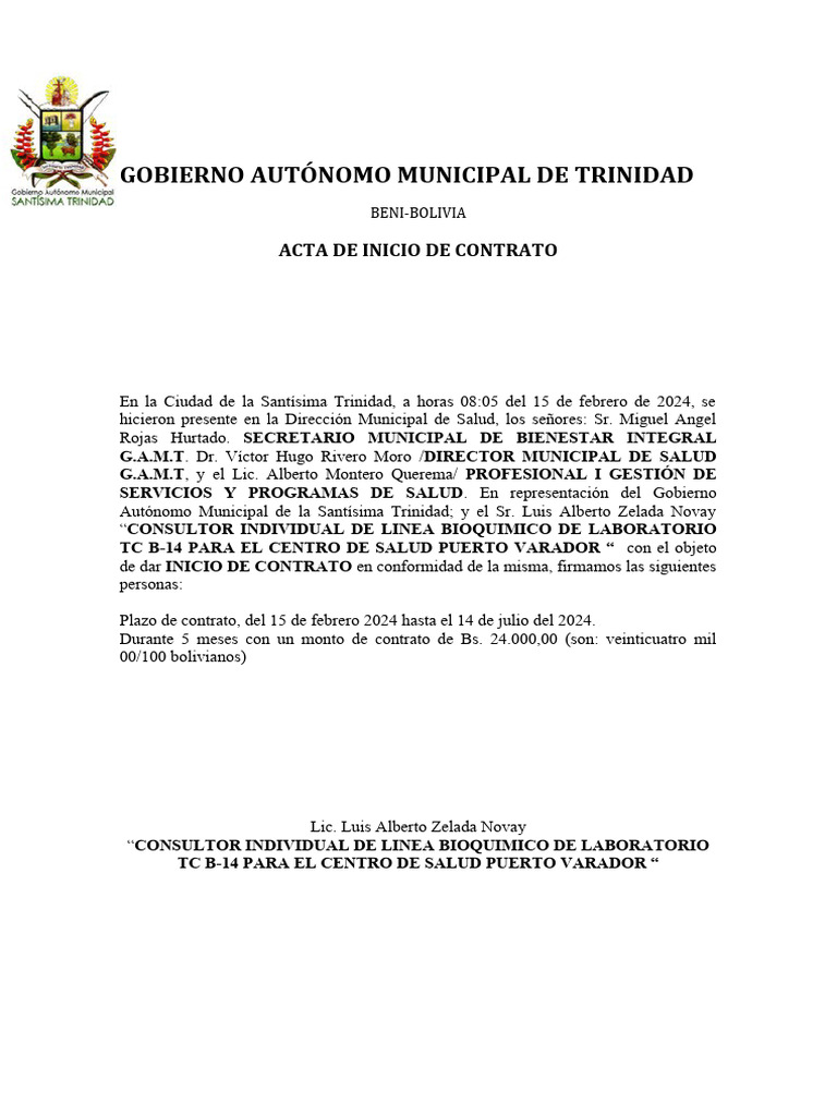 Acta de Inicio de Contrato en Trinidad | PDF
