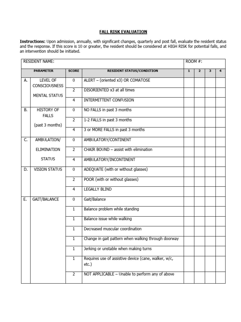 Fall Risk Assessment Evaluation Form | PDF | Clinical Medicine ...