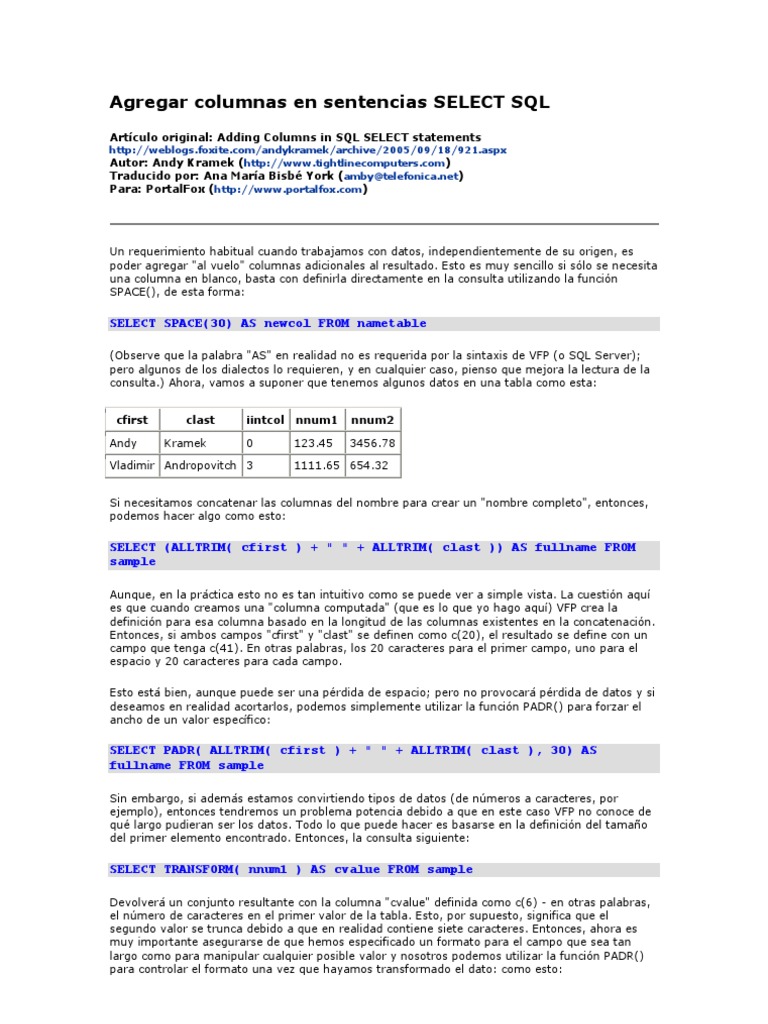 Agregar columnas en consultas SQL | PDF | SQL | Tabla (base de datos)