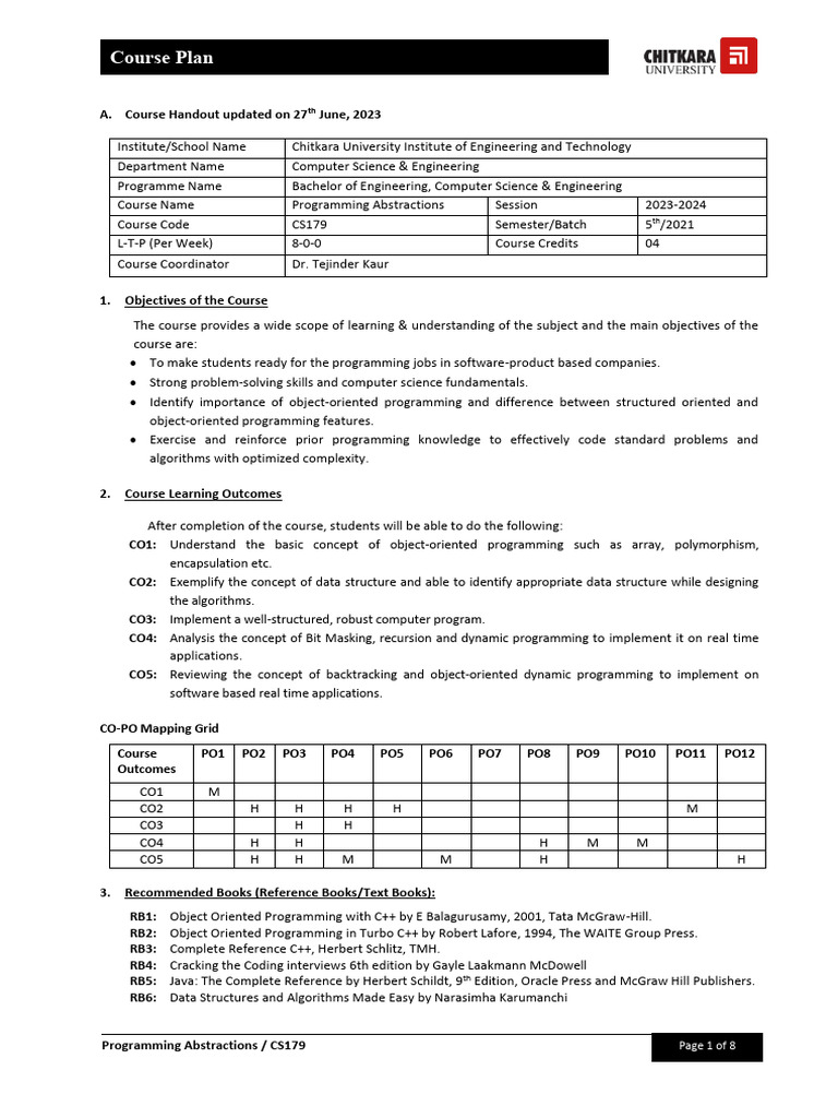 Programming Abstractions Course Plan CS179 | PDF | Inheritance (Object ...