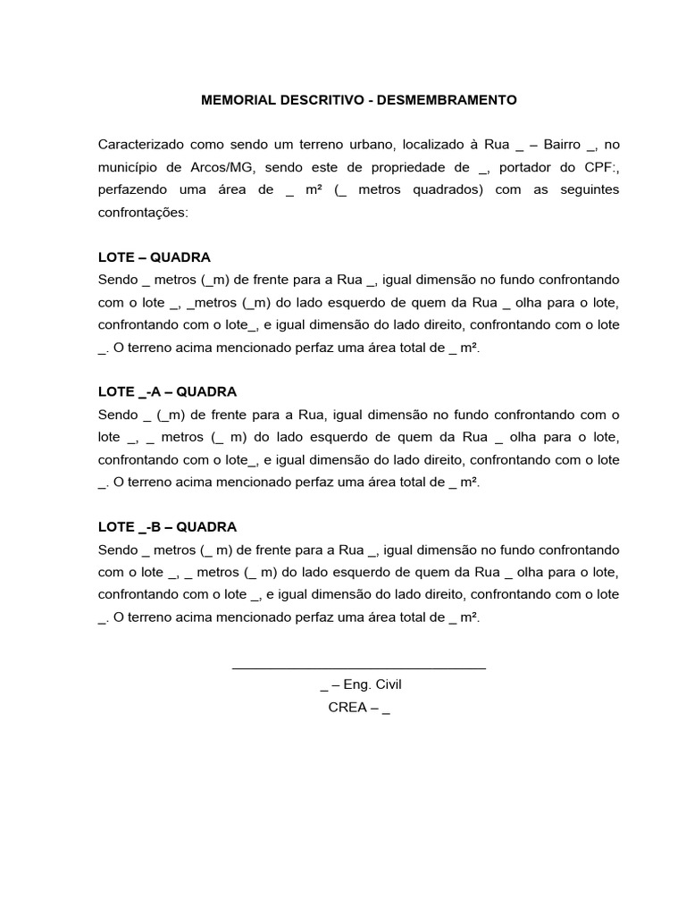 Modelo Memorial Descritivo Desmembramento de Terreno | PDF