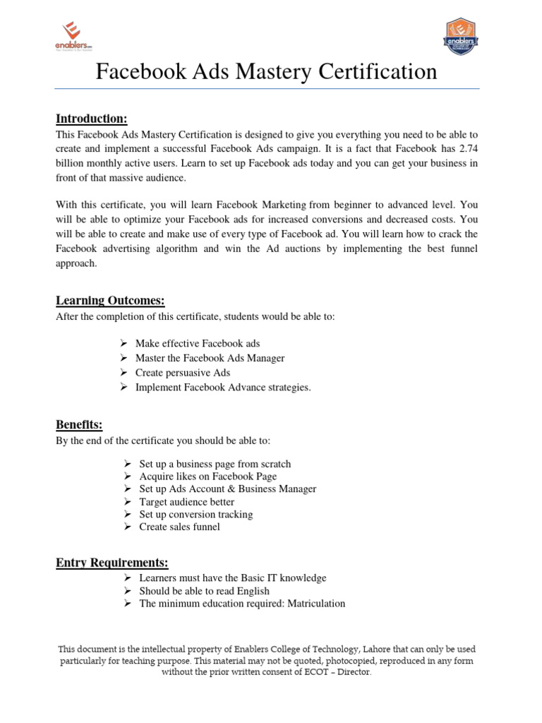 Facebook Ads Mastery Brochure Pdf Facebook Human Communication