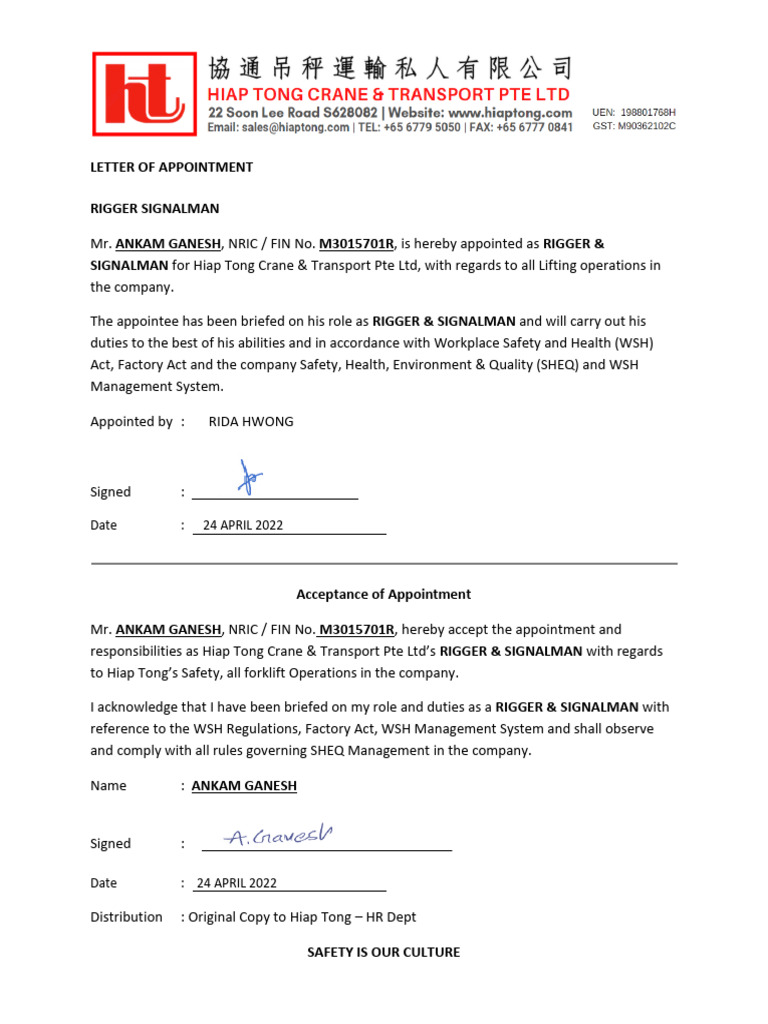 Rigger Signalman Appointment Letter | PDF