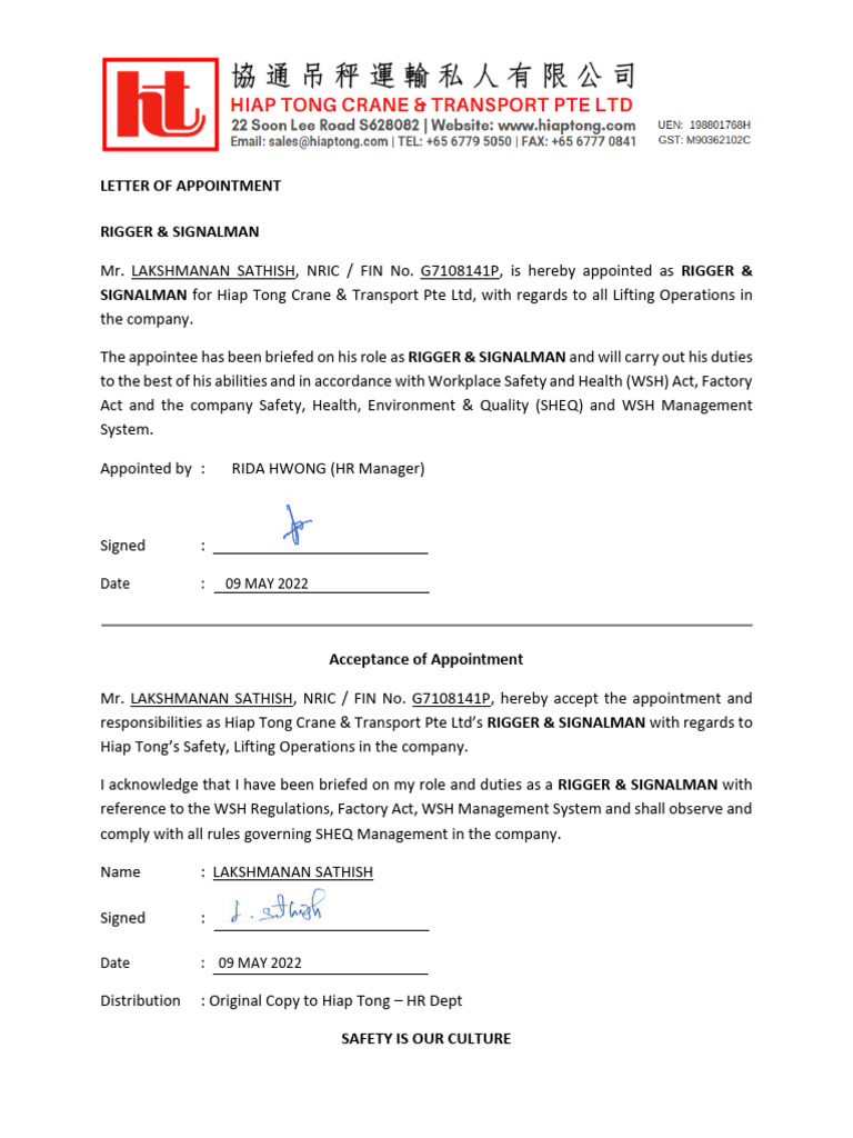 Appointment of Rigger & Signalman | PDF