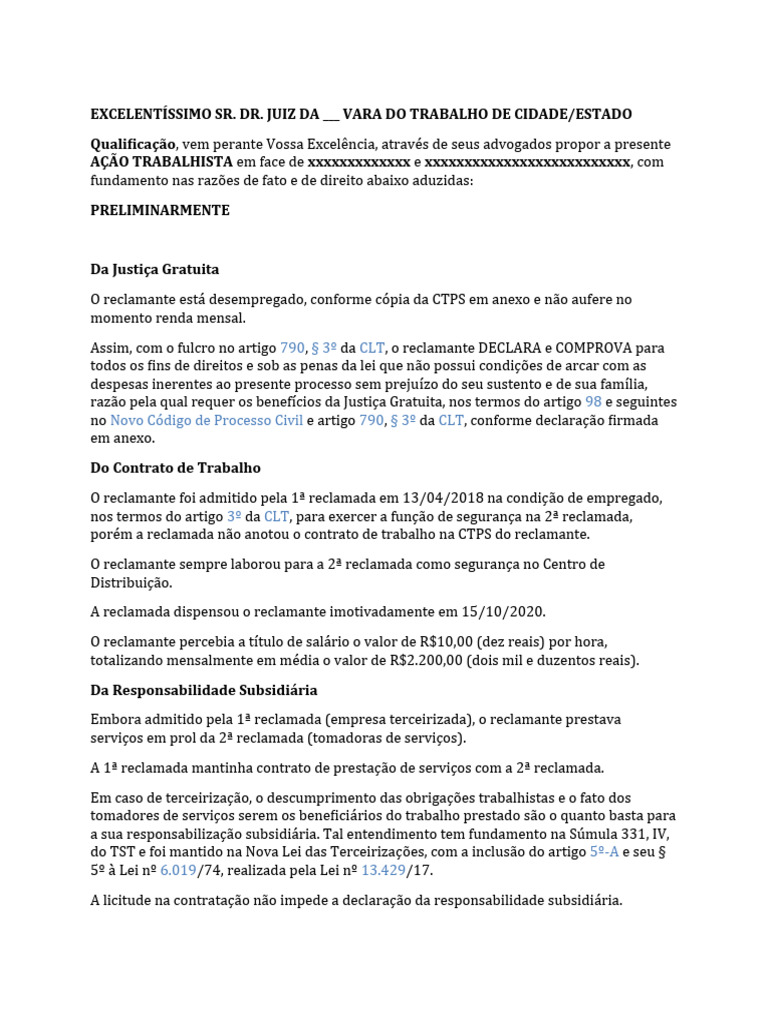 Modelo peticao inicial trabalhista pdf f rias trabalhistas hora extra