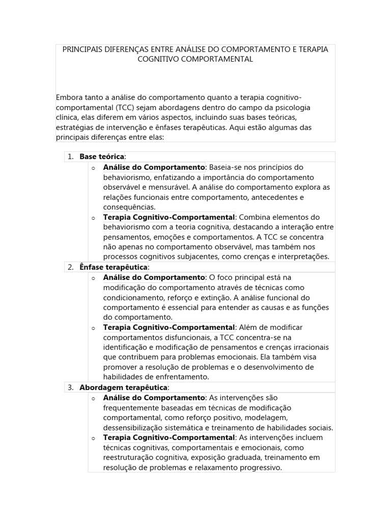 Diferenças entre Análise do Comportamento e TCC | PDF | Terapia ...