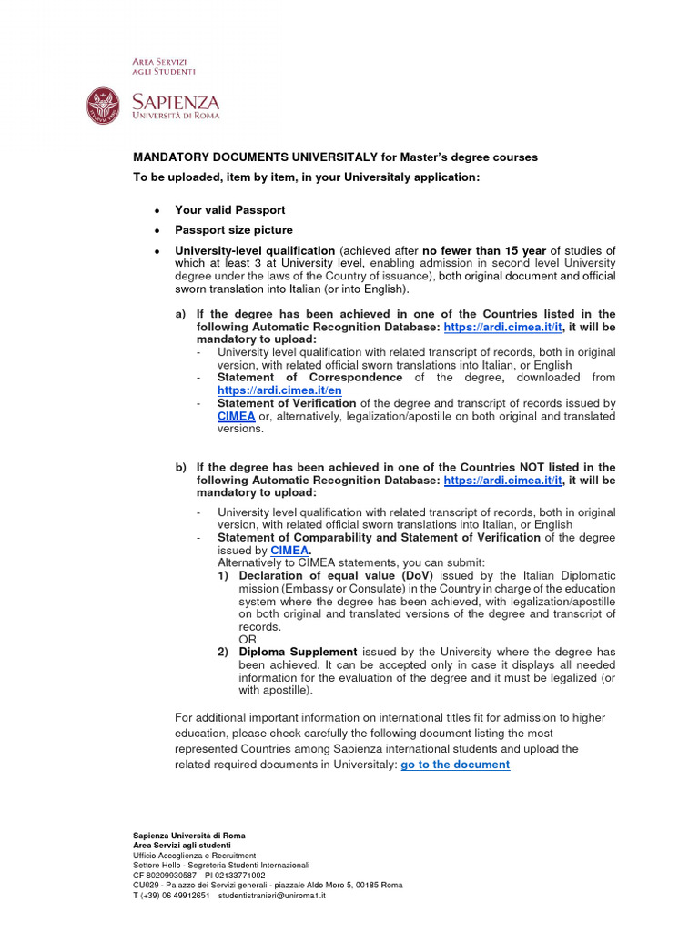 Universitaly Mandatory Docs Masters Degree Courses | PDF | Academic ...